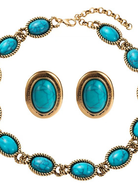 欧美复古度假风绿松石椭圆宝石短项链耳环套装森系简约民族风饰品