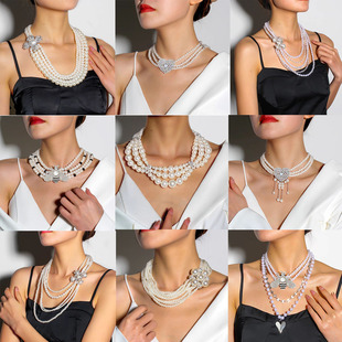 时尚百搭多层珍珠花朵吊坠锁骨短项链女气质复古宴会礼服新娘配饰