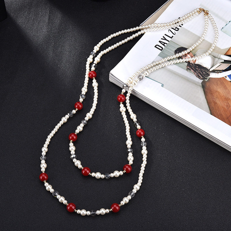 日韩时尚珍珠水晶多层中长项链 女士气质百搭毛衣链 外套配饰品