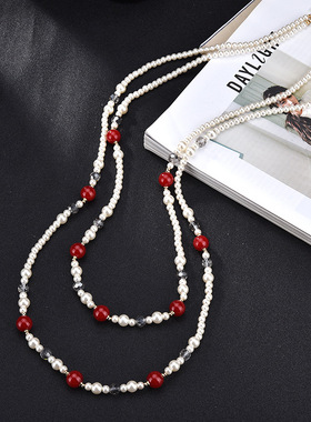 日韩水晶多层中长百搭外套珍珠