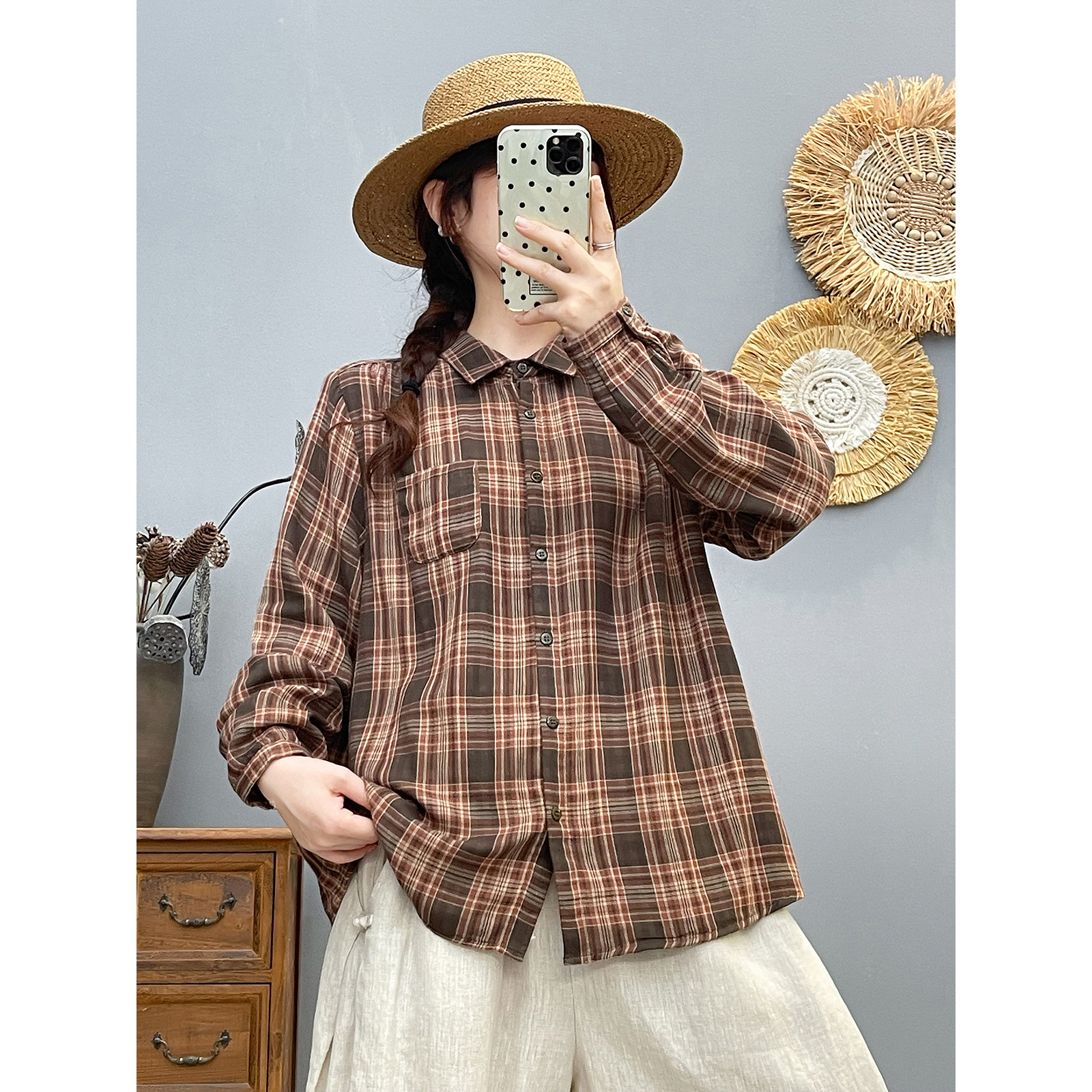 春秋新款复古格子长袖衬衫女宽松显瘦纯棉上衣女休闲时尚百搭衬衣