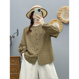 春季新款复古印花花边领长袖衬衫女宽松显瘦纯棉上衣百搭休闲衬衣