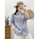 百搭休闲五分袖 夏季 衬衫 薄款 衬衣 复古文艺苎麻上衣女宽松V领短袖