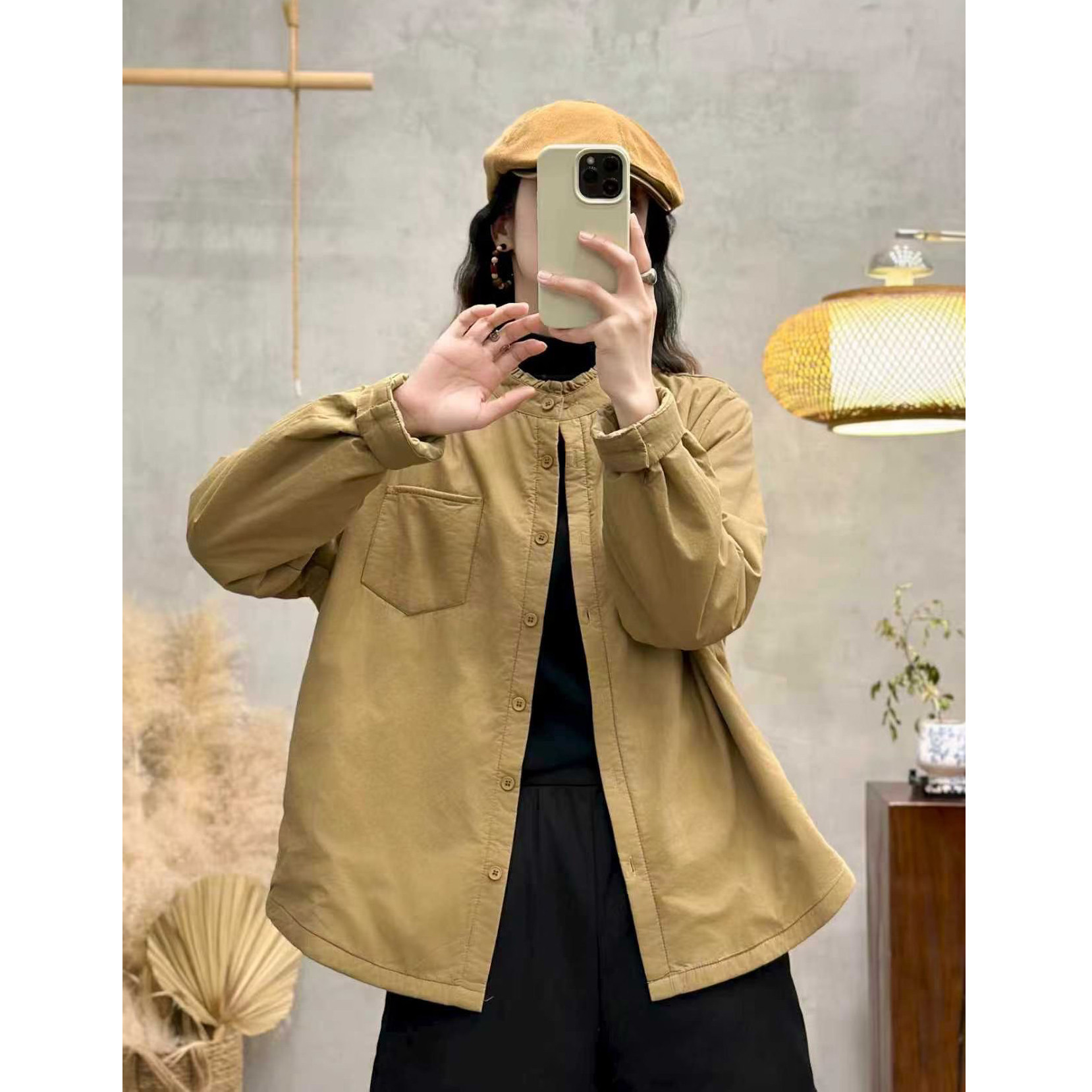 秋冬新款复古花边领加厚夹棉长袖衬衫女宽松显瘦休闲百搭棉衣外套