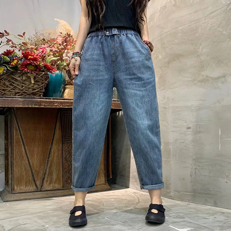 春夏薄款复古文艺宽松牛仔裤女松紧腰大码哈伦裤水洗萝卜裤老爹裤