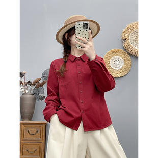 秋季新款复古文艺纯棉磨毛长袖衬衫女宽松显瘦短款上衣休闲衬衣女