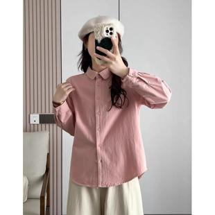女宽松显瘦纯棉上衣时尚 秋季 衬衫 文艺方领磨毛棉长袖 百搭衬衣 新款