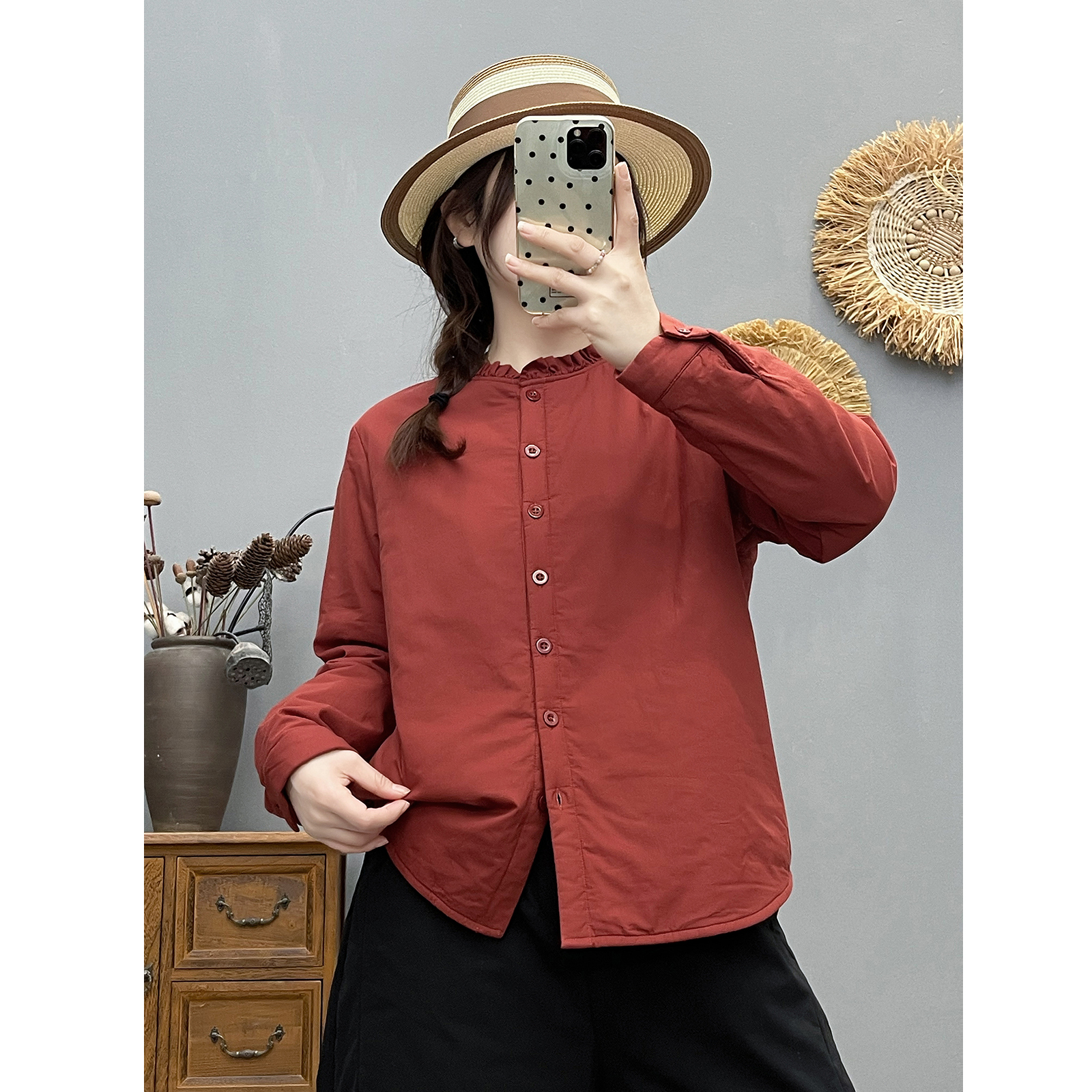 秋冬新款复古花边领加厚夹棉长袖衬衫女宽松休闲百搭纯棉棉衣外套