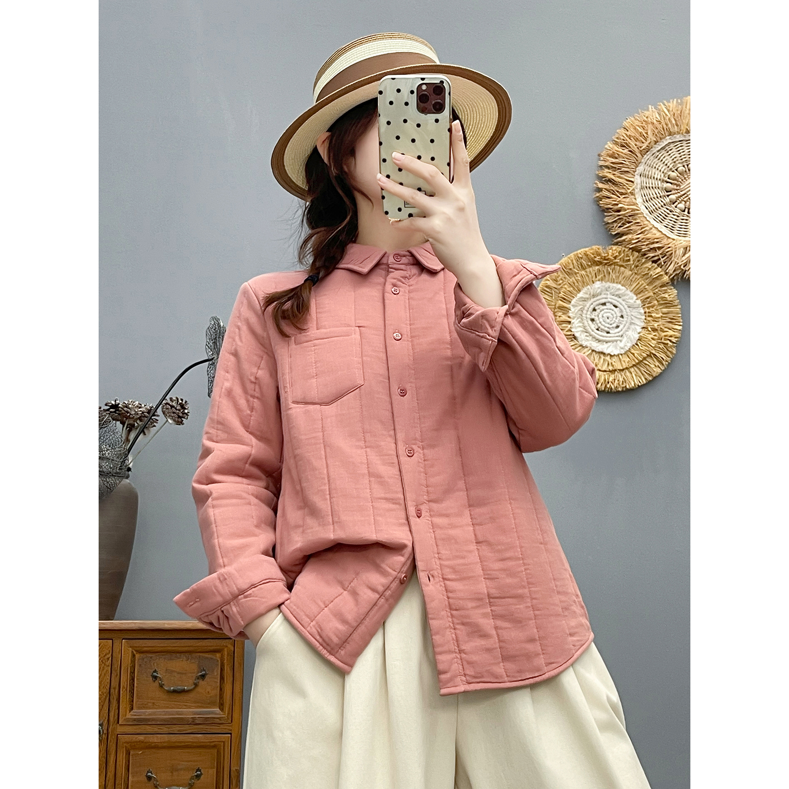 秋冬新款复古加厚夹棉衬衫女宽松休闲方领上衣宽松衬衫棉衣外套女