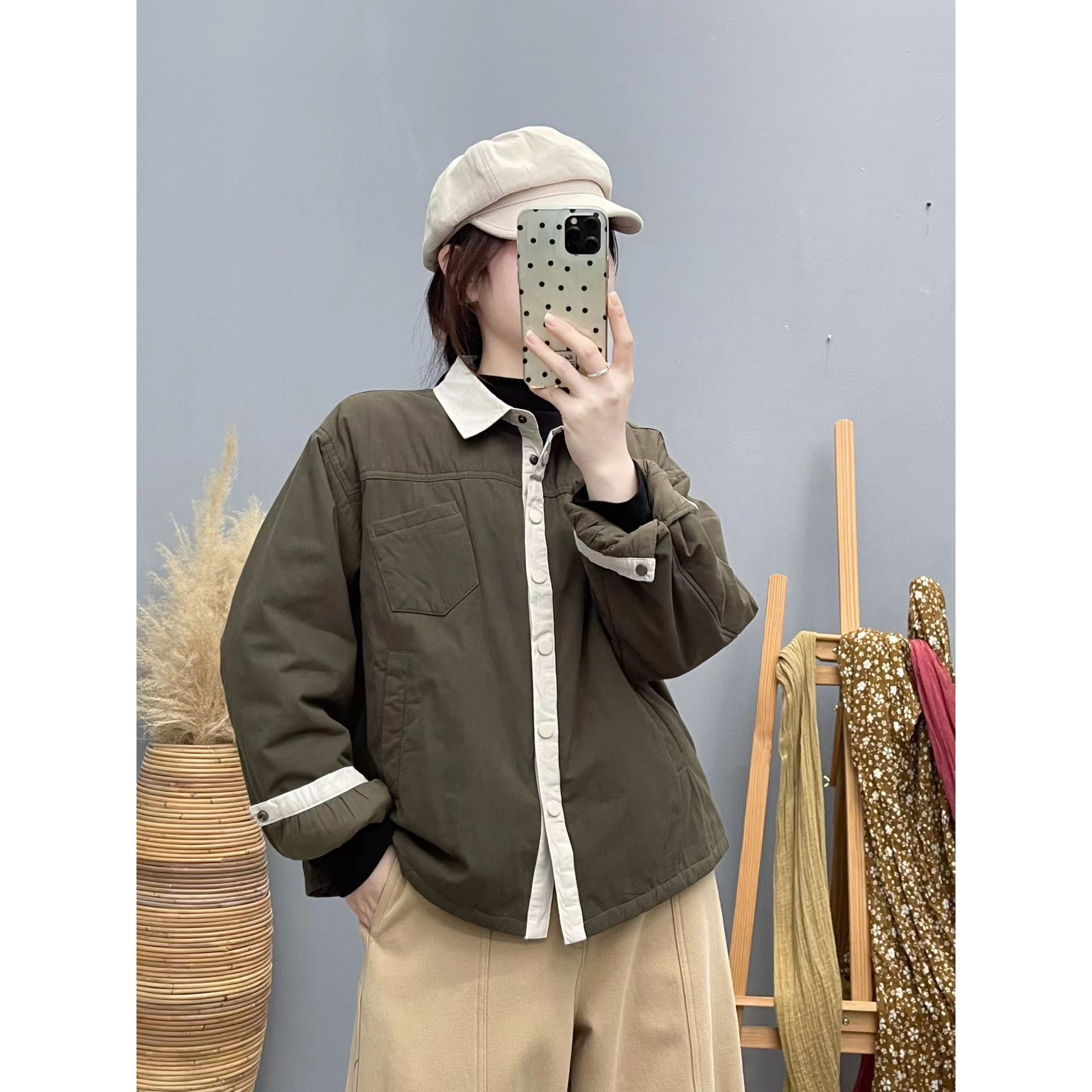 秋冬新款复古加厚夹棉长袖衬衫女休闲方领夹克上衣百搭棉衣外套女