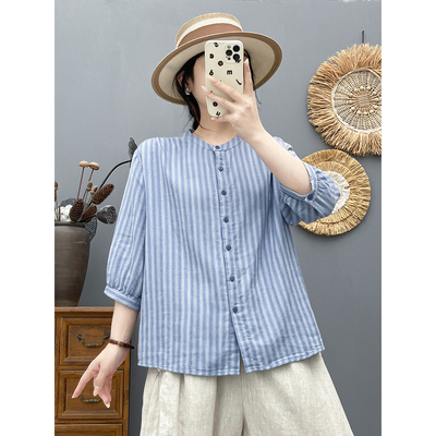 夏季薄款条纹短袖衬衫女宽松显瘦纯棉上衣休闲双层棉纱五分袖衬衣