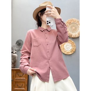 春季新款复古纯棉磨毛长袖衬衫女宽松显瘦休闲上衣方领百搭衬衣女