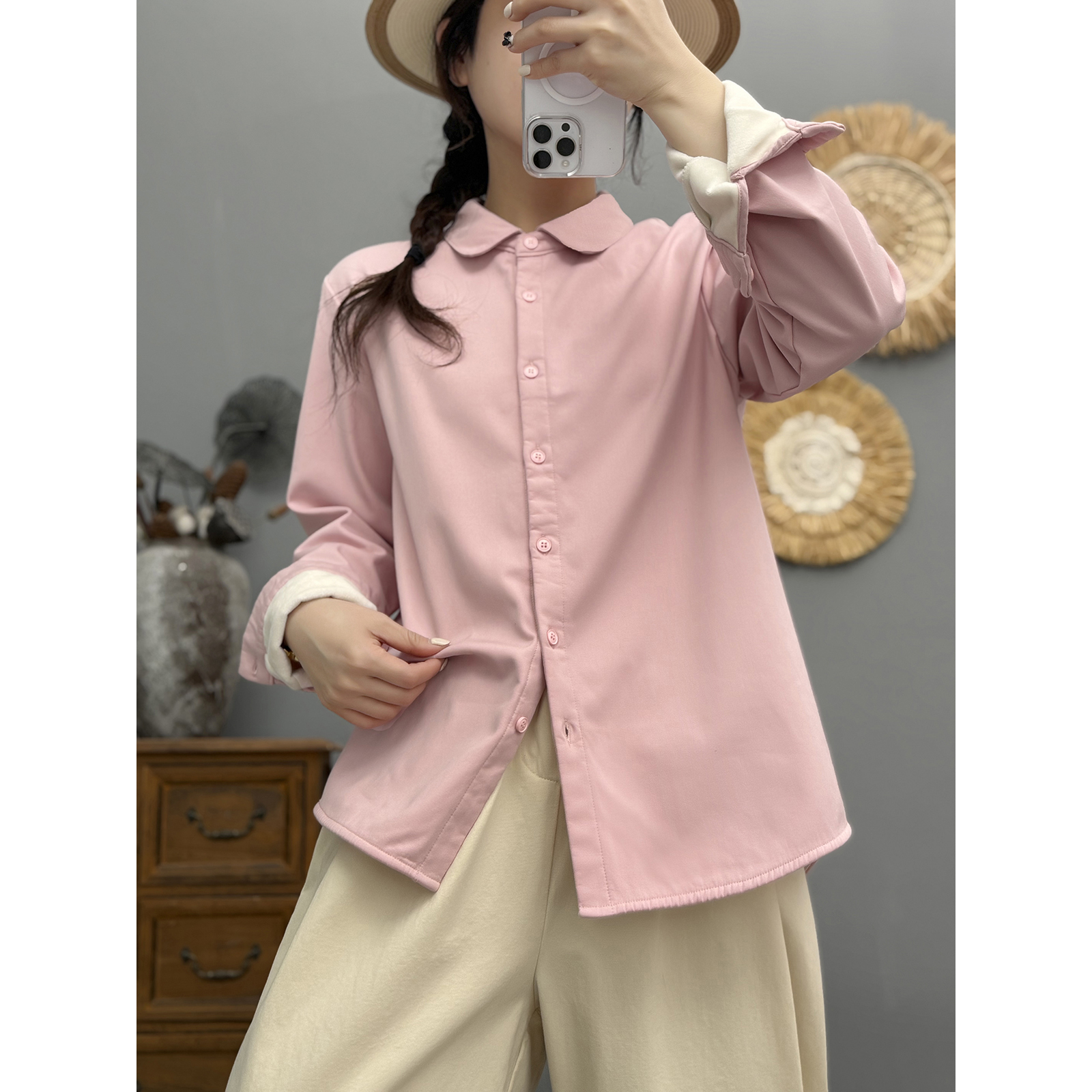 秋冬新款复古加厚加绒长袖衬衫女宽松显瘦娃娃领纯棉上衣休闲衬衣