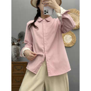 女宽松显瘦娃娃领纯棉上衣休闲衬衣 衬衫 秋冬新款 复古加厚加绒长袖