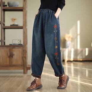 女哈伦裤 复古民族风刺绣牛仔裤 宽松大码 萝卜裤 秋季 显瘦老爹裤 新款