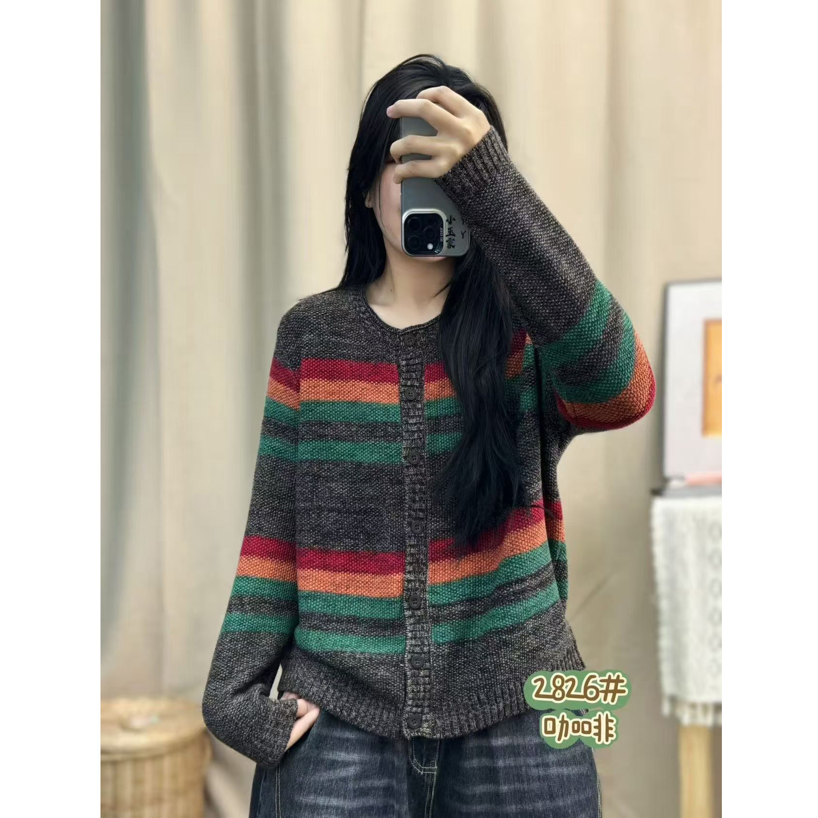 春季新款复古开衫毛衣外套女宽松休闲百搭短款圆领棉线针织衫上衣