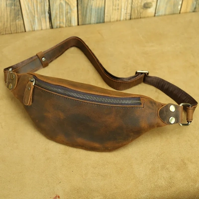 yuqixuan疯马皮胸包摩托机车腰包