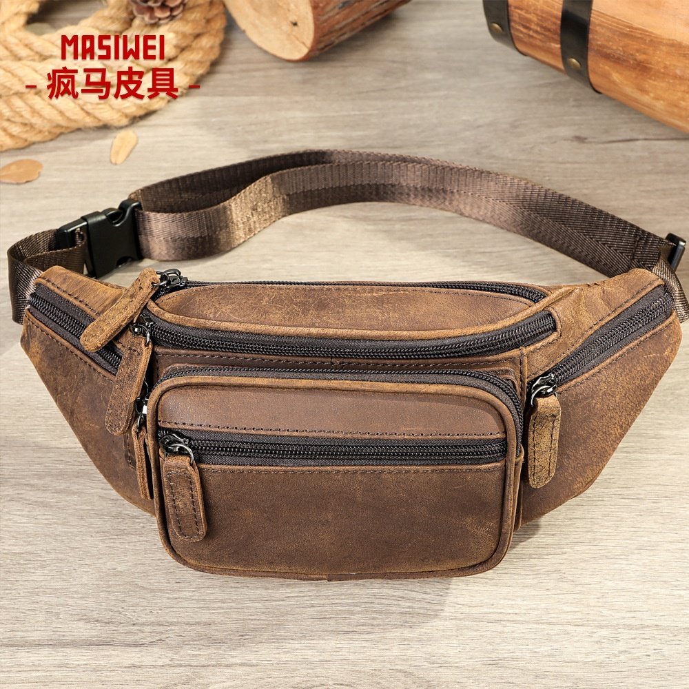 2026春季疯马皮男士腰包 复古休闲男士真皮胸包多功能头层牛皮,箱包皮具/热销女包/男包,胸包,淘宝优惠券,粉丝福利购,淘宝优惠卷