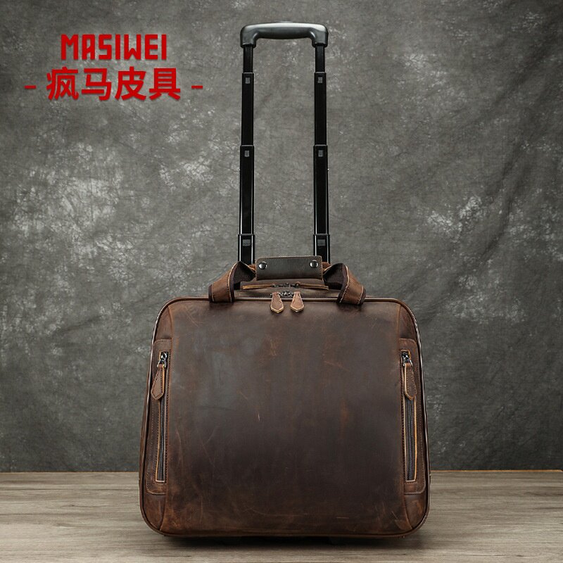2026疯马皮16寸登机大容量拉杆箱