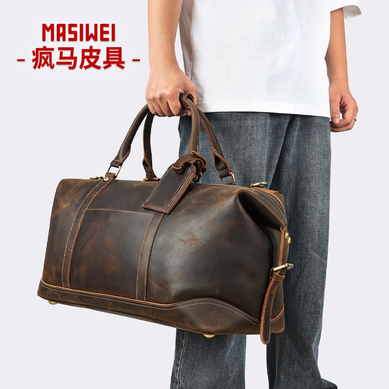 2025秋冬疯马皮男式手提旅行包真皮大容量牛皮健身包男高档短途