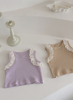 夏季婴幼儿无袖蕾丝花边坑条韩版女宝宝公主范外出上衣背心T恤