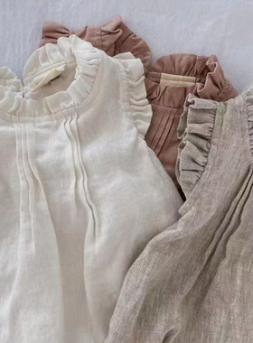 新款ins夏季婴幼儿木耳边无袖哈衣棉麻透气薄款连体衣包屁衣