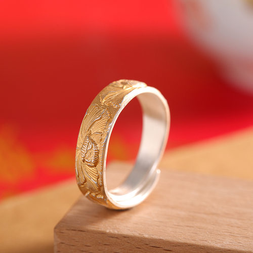 人品银品时尚轻奢风手饰足银999.9描金牡丹花戒指开口潮流女戒子