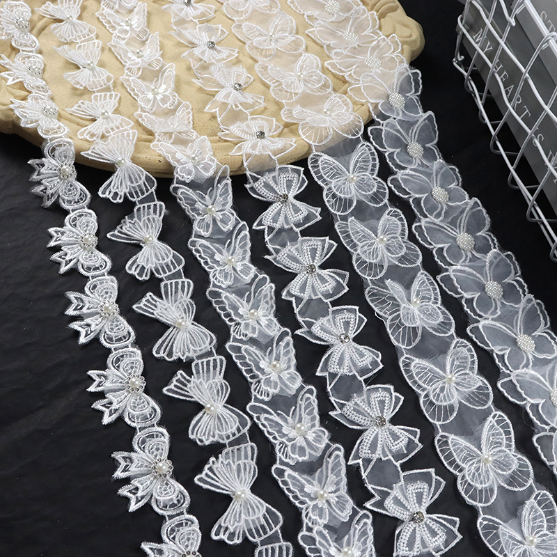 新款白色钉珠欧根纱双层蝴蝶布贴diy衣服装饰补破洞贴蕾丝刺绣