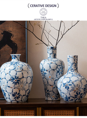 景德镇陶瓷花瓶青花瓷宋代美学中式复古客厅插花高级轻奢摆件装饰