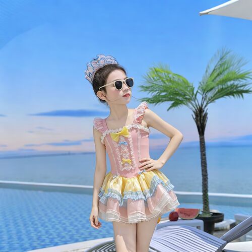 女童泳衣粉色甜美可爱泳服2026夏季新款女孩速干蕾丝连体泳装裙子