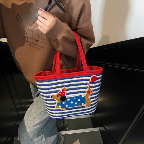 新款编织可爱腊肠狗菜篮子大容量通勤沙滩度假手提包布艺手工包包
