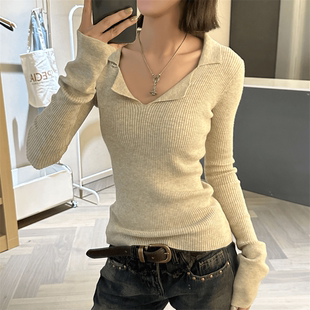 女早秋内搭打底设计感小众修身 纯欲风辣妹POLO针织衫 显瘦别致上衣