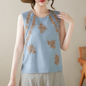 国风无袖 衬衫 上衣女花朵刺绣背心夏季 超仙气质圆领薄款 新款 新中式