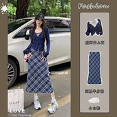 美式 格子半身裙长裙气质两件套 秋装 学院风套装 小众假两件上衣女装