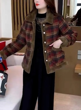 加绒加厚格子毛呢外套女士年冬季新款洋气保暖小个子短款减龄大衣