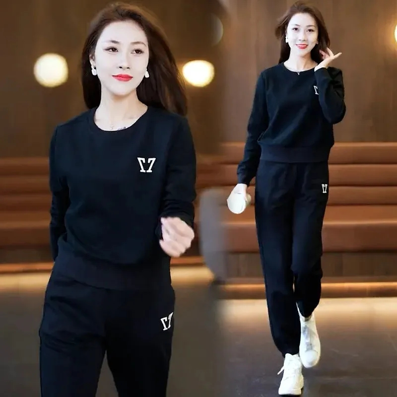 休闲时尚套装女2025年春秋新款减龄宽松圆领卫衣运动跑步服两件套