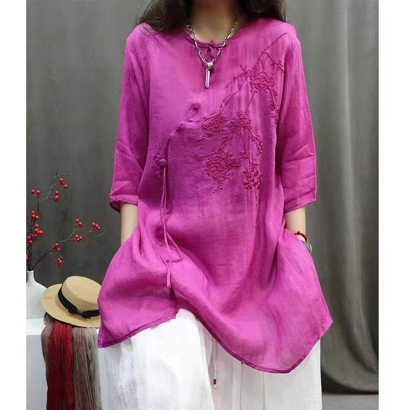 新中式国风刺绣棉麻衬衫女士夏季中年妈妈宽松休闲中长款上衣女装