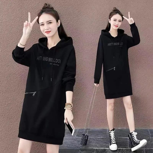 中长款遮屁股卫衣女秋冬季加绒高个子加长版大码宽松显瘦胖mm连帽