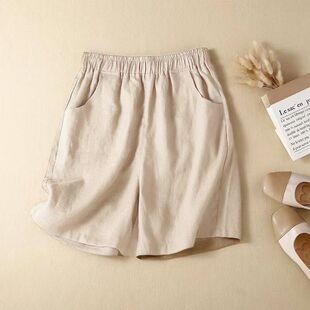 运动直筒休闲裤 棉麻高腰四分短裤 子 女夏宽松显瘦中裤 亚麻五分短裤