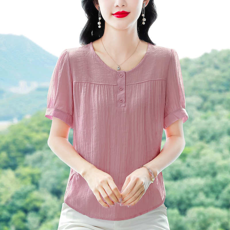 轻薄天丝小衫短袖t恤女夏季新款韩版宽松圆领纯色遮肚子雪纺上衣