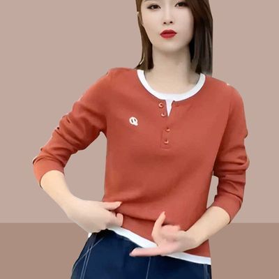 欧洲站春秋新款撞色假两件正肩长袖圆领修身打底衫休闲时尚卫衣