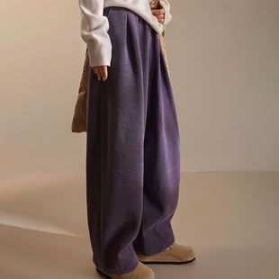 秋冬季灯芯绒裤子女紫色气质直筒阔腿休闲灯笼袖通勤休闲九分长裤