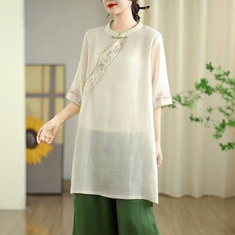 大码女显瘦减龄遮肉夏季盘扣五分袖T恤苎麻中长款优雅上衣打底衫,女装/女士精品,衬衫,淘宝优惠券,粉丝福利购,淘宝优惠卷