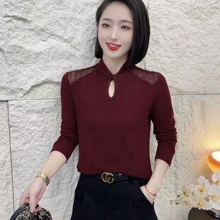 洋气百搭秋冬水滴领钉珠漏洞洋气时尚长袖修身显瘦打底衫休闲女装