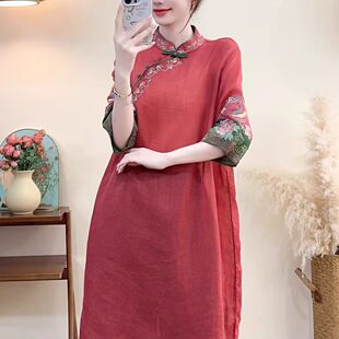 高级感新中式国风五分袖短袖中长款棉麻上衣夏季新款百搭文艺刺绣