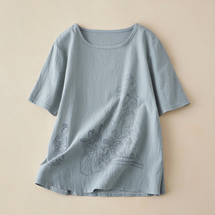新款 t恤女 2025夏装 妈妈棉麻短袖 上衣 宽松大码 体恤中老年洋气半袖