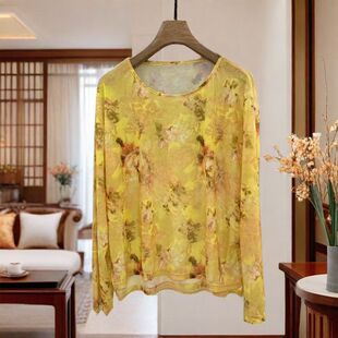 防晒罩衫薄纱单层微透明上衣女长袖小衫夏季中式国风印花宽松衬衫