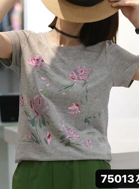 雅姿赏色珊瑚花上衣2026年夏季新款复古印花短袖t恤百搭小衫75013