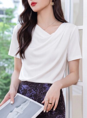 上海恩迪服饰白色t不规则荡领褶皱凉感醋酸T恤女夏季法式优雅收腰