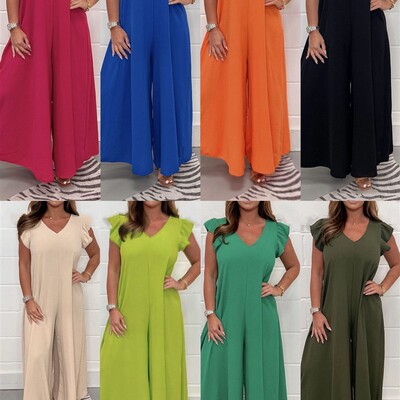 Ruffled casual jumpsuit in solid color  荷叶边纯色休闲连体裤